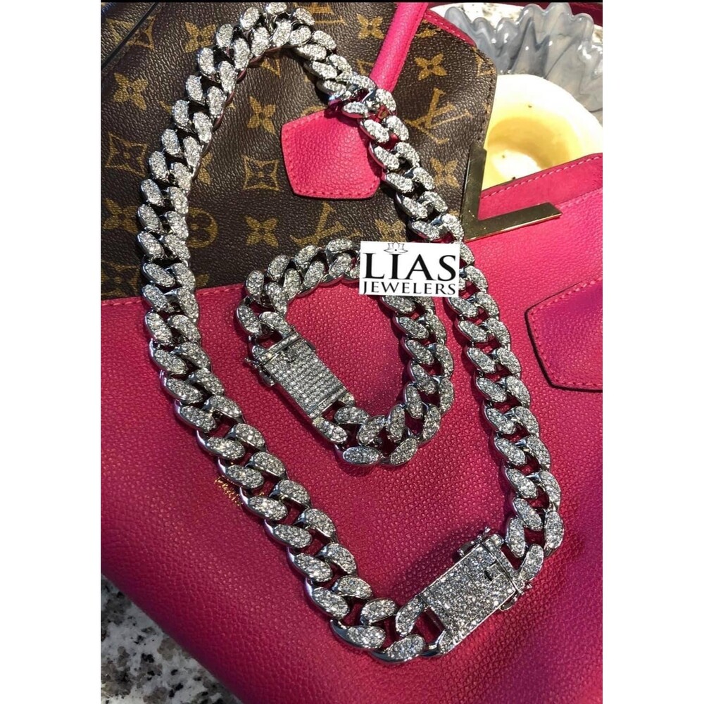 New 18k white gold Cuban link chain and bracelet set